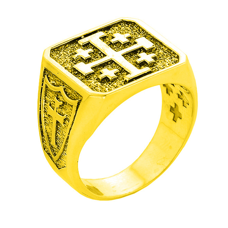 Yellow Gold Crusaders Band Jerusalem Cross Ring for Men