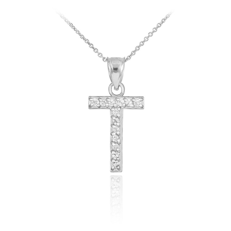 Sterling Silver Letter "T" CZ Initial Pendant Necklace