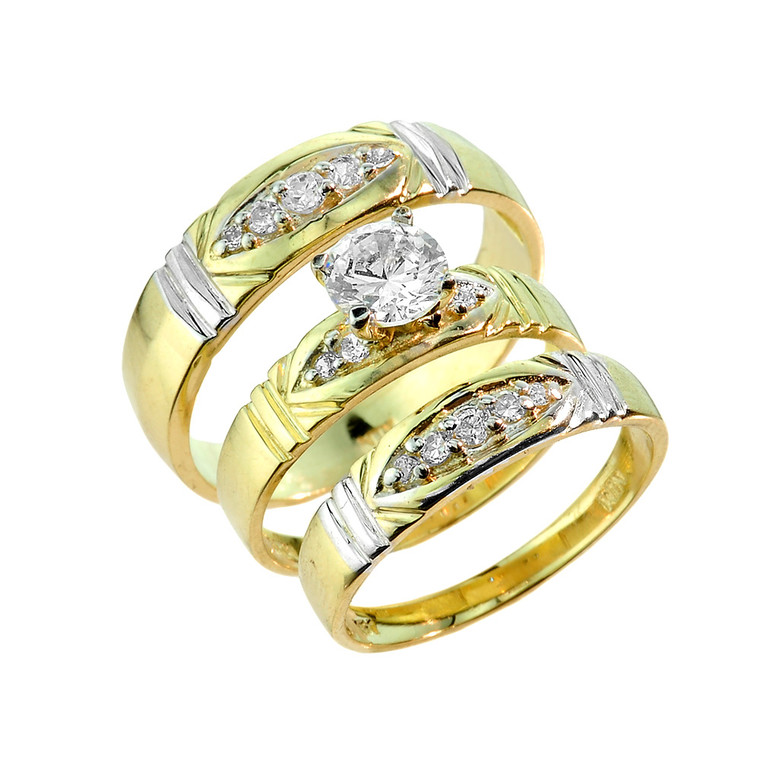 Gold CZ 3PC Wedding Ring Set