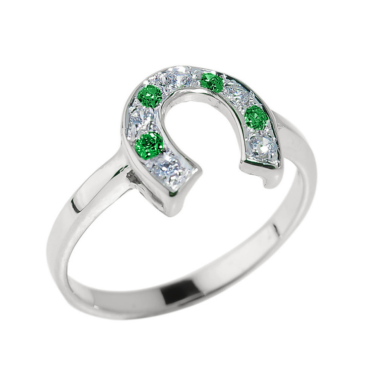 Sterling Silver White and Green CZ Ladies Horseshoe Ring