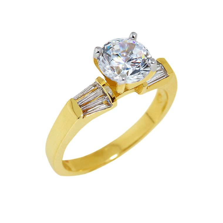 Gold CZ Engagement Ring with Baguette Sidestones