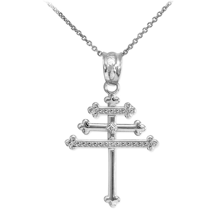 White Gold Diamond Maronite Aramaic Cross Necklace