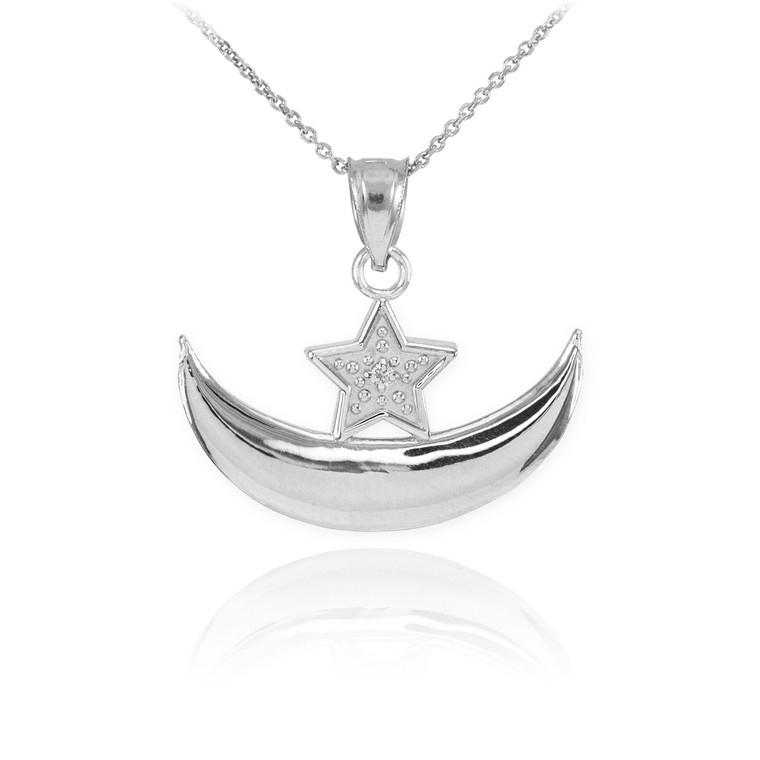 White Gold Diamond Crescent Moon and Star Islamic Pendant Necklace