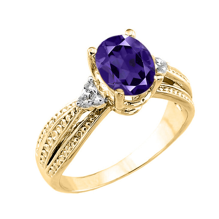 Yellow Gold Genuine Amethyst and Diamond Proposal Ring