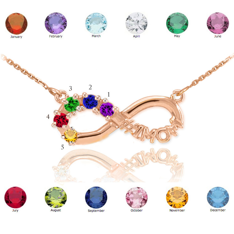 14K Rose Gold Infinity #1MOM Necklace with Five CZ Birthstones