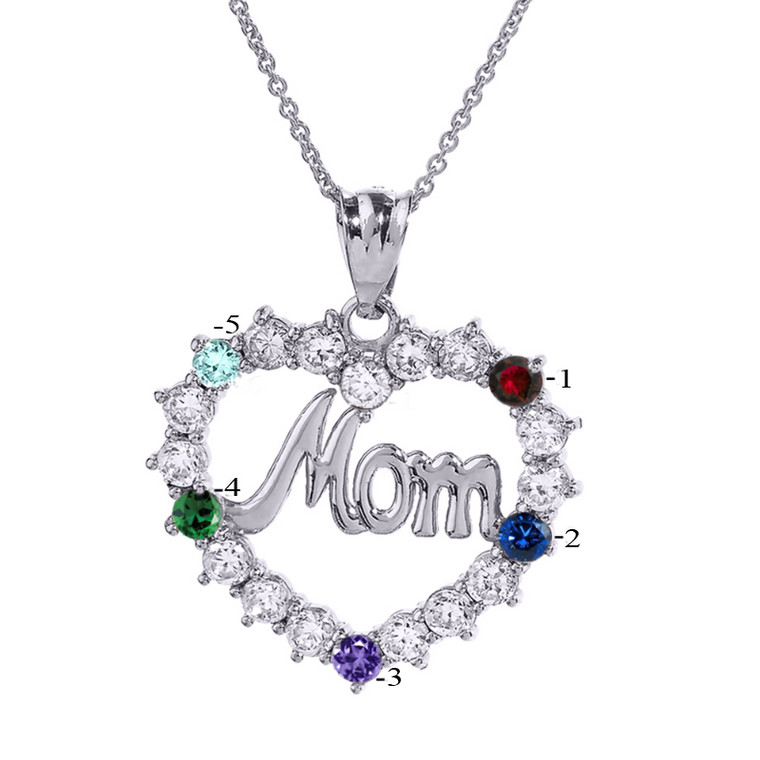 Sterling Silver "MOM" Open Heart Pendant Necklace with Five CZ Birthstones
