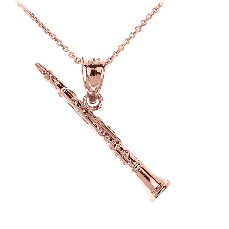 Rose Gold Three Dimensional Clarinet Pendant Necklace