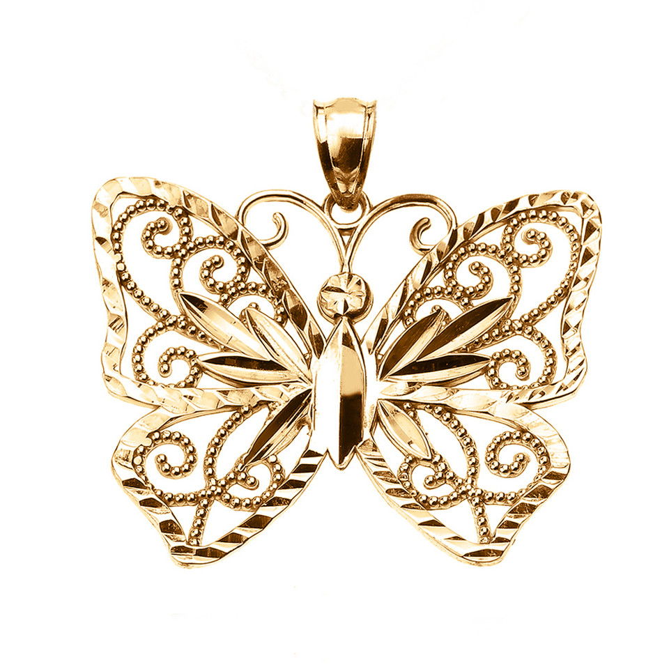 Yellow Gold Filigree Butterfly in Circle Rope Pendant Necklace