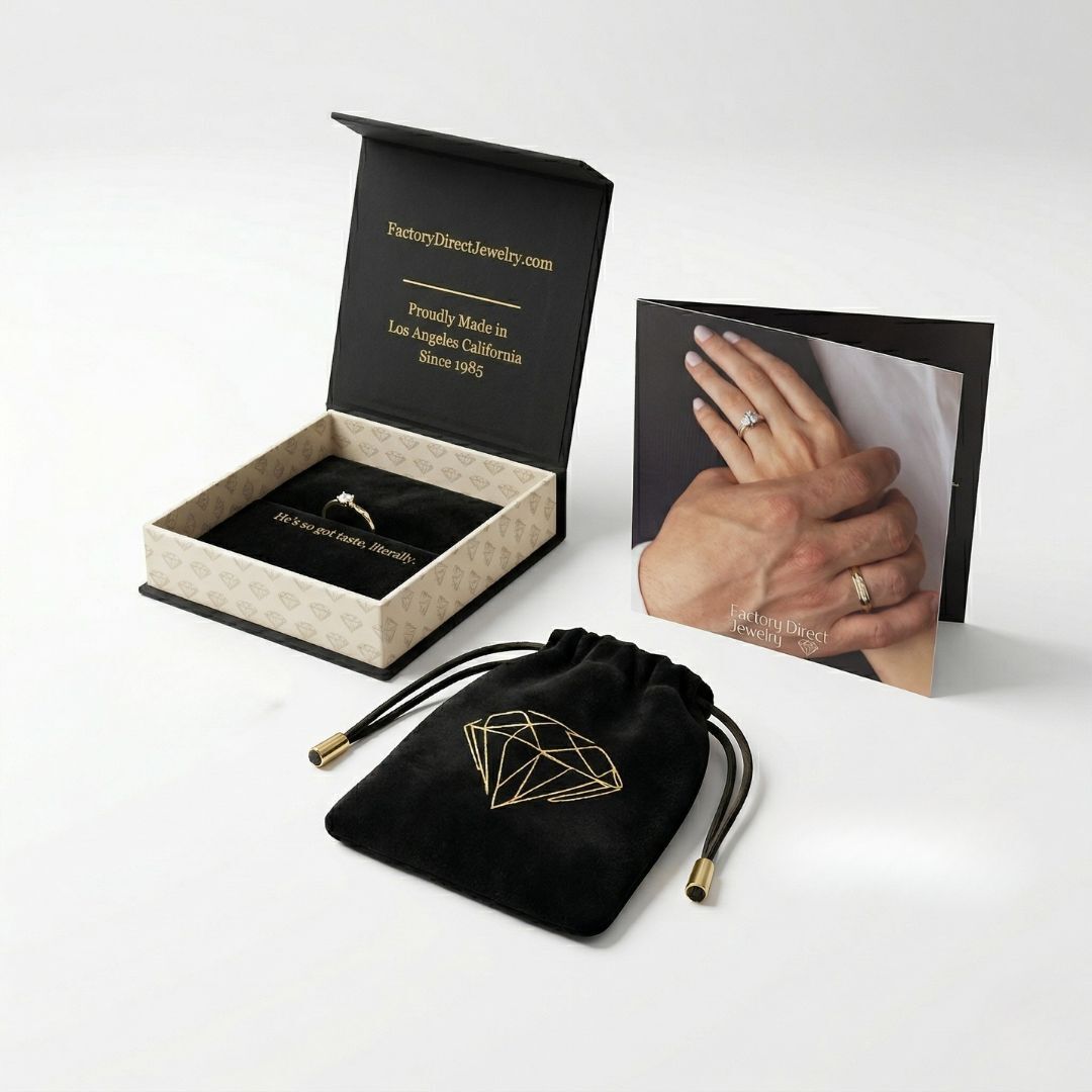 Factory Direct Jewelry signature packaging — black gift box, velvet pouch, and authenticity card