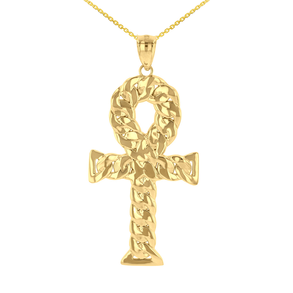 Yellow Gold Textured Ankh Egyptian Cross Pendant Necklace