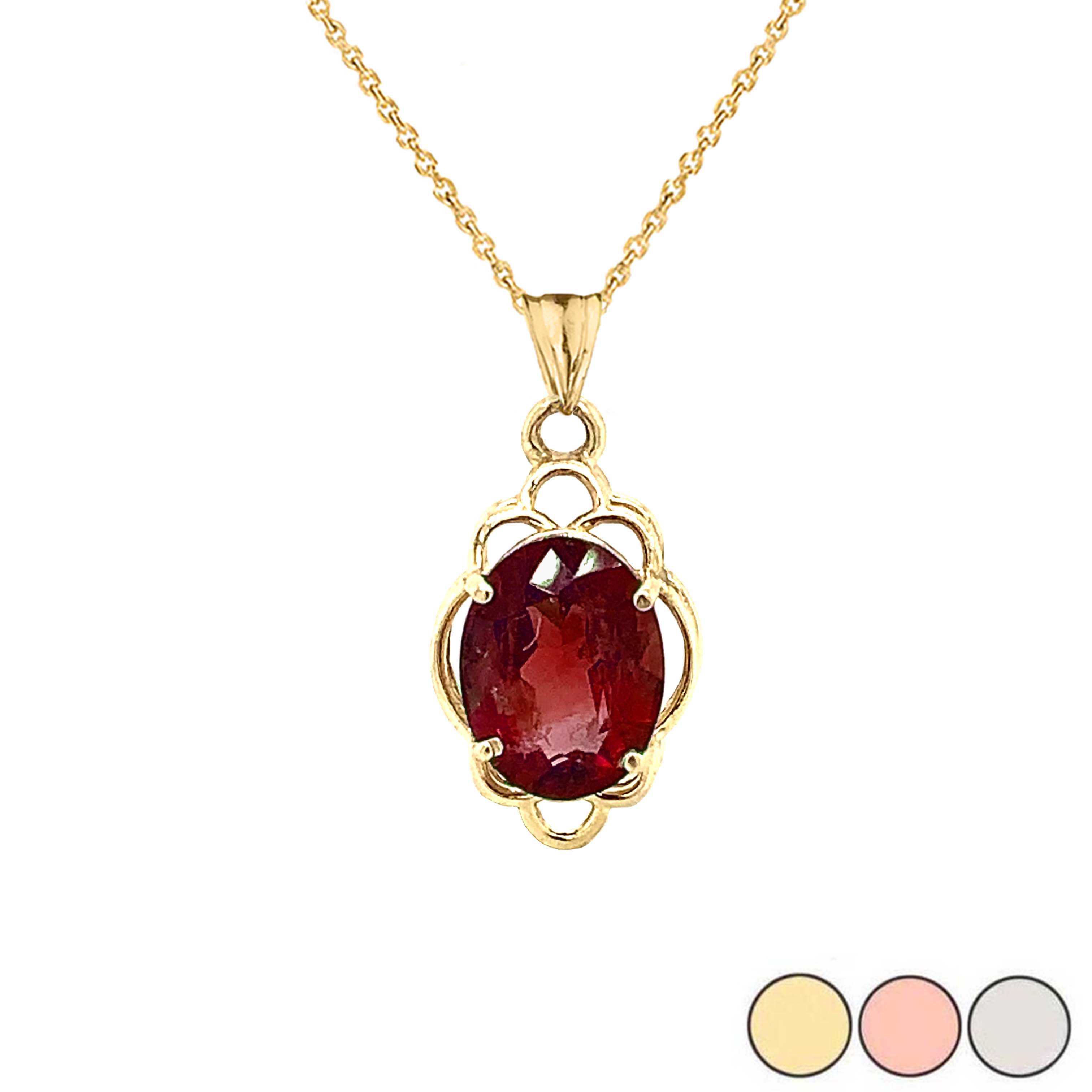 Genuine Garnet Oval-Shaped Clover Pendant Necklace in Gold  (Yellow/Rose/White)