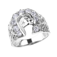 Sterling Silver Nugget Band Horseshoe with Horse Head CZ Men's Ring