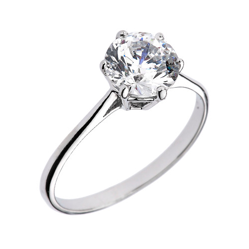 White Gold 6 Prongs Round CZ Dainty Solitaire Engagement Ring