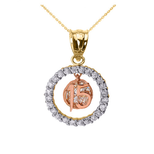 Tricolor Gold Sweet 15 CZ Quinceanera Round Pendant Necklace