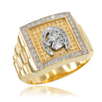 Two Tone Yellow Gold Lucky Horseshoe CZ Men's Watchband Signet Ring