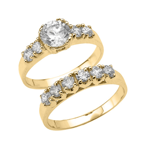 Yellow Gold Round Cubic Zirconia Engagement Wedding Ring Set