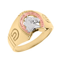 Tri-tone Gold Horseshoe with Horse Head Men's Ring