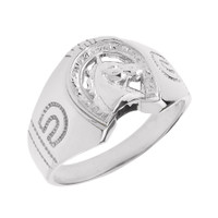 White Gold Horseshoe with Horse Head Men's Ring
