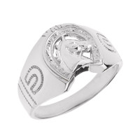 Sterling Silver Horseshoe with Horse Head Men's Ring