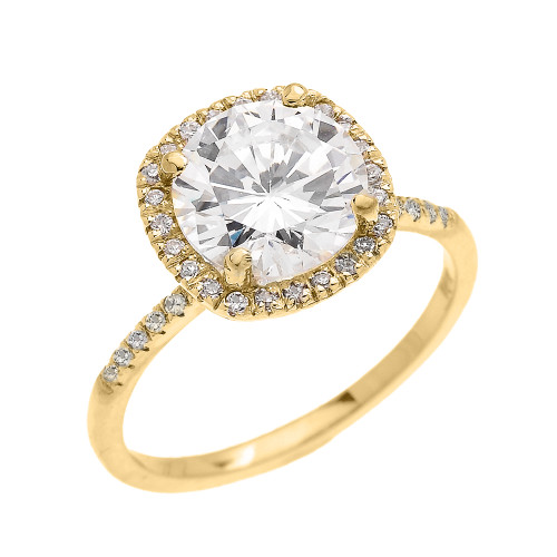 Cushion Shape Cubic Zirconia Center & Diamond Halo Micropave Engagement Ring in