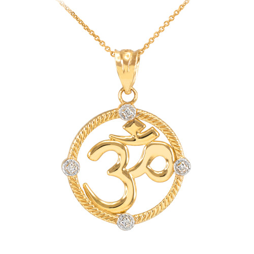 Gold Roped Circle Diamond Hindu Meditation Charm Yoga "Om" (Aum) Pendant Necklac