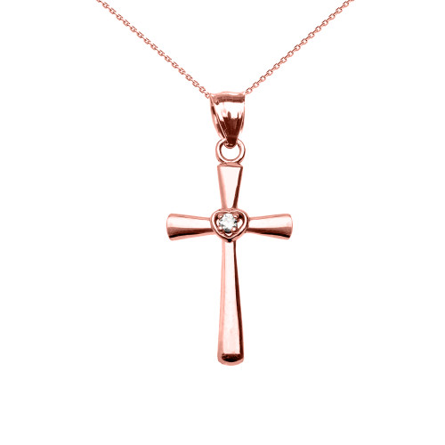 Rose Gold Solitaire Diamond Heart Cross Pendant Necklace.