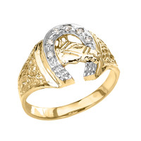 Gold Diamond Studded Lucky Horseshoe with Horse Head Ring