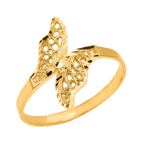 Gold Diamond Cut Filigree Unique Leaf Wrap Ring Leaf Rings