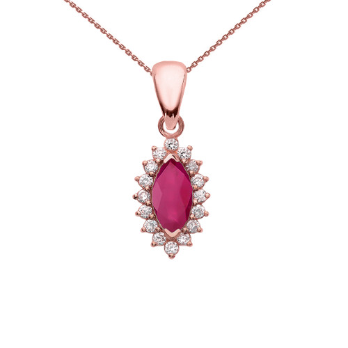 Diamond And Ruby Rose Gold Pendant Necklace