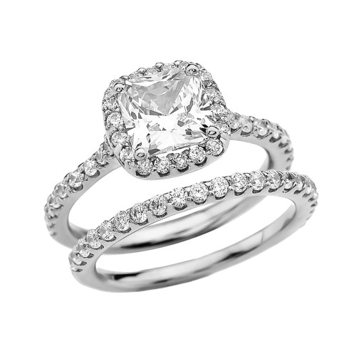 White Gold Cushion Cut Cubic Zirconia Halo Engagement Wedding Band Ring Set