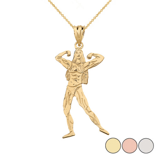 Weightlifting Fitness Sport Female Bodybuilder Pendant Necklace in Solid Gold (Y