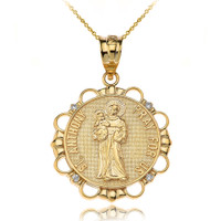 Solid Yellow Gold Diamond Saint Anthony Pray For Us Circle Pendant Necklace