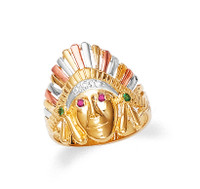 Indian head men' in 10k or 14k tri-tone gold with cubic zirconia.