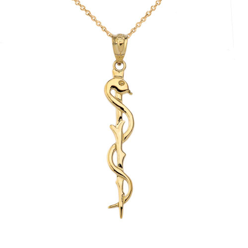 Gold Asclepius Medicine Symbol Pendant Necklace (Available In Yellow/Rose/White