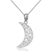Sterling Silver Moon Crescent and Stars Pendant Necklace