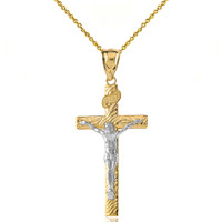 Solid Two Tone Yellow Gold INRI Jesus of Nazareth Crucifix with Wooden Texture Pendant Necklace (Large)