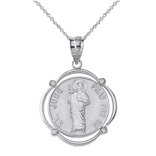 Sterling Silver Saint Jude Pray For Us CZ Circular Frame Pendant Necklace