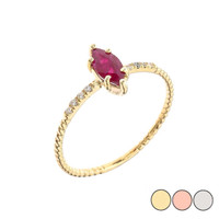 Dainty Solitaire Marquise Cut Ruby and Diamond Rope Design Engagement/Promise Ring in Gold (Yellow/Rose/White)