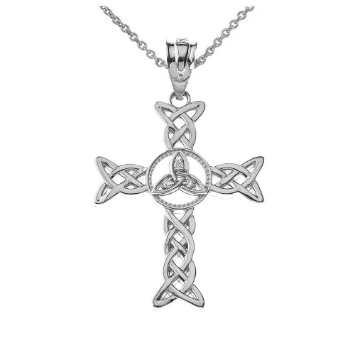 Silver Celtic Trinity Diamond Cross Pendant Necklace with Emerald Silver M | Factory Direct Jewelry