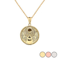 Ancient Egyptian Scarab Beetle and Sun Disc Pendant Necklace in Gold (Yellow/Rose/White)