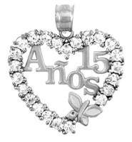 .925 Sterling Silver Sweet Cubic Zirconia Heart 15 Años Butterfly Quinceañera Pendant