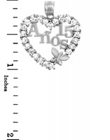.925 Sterling Silver Sweet Cubic Zirconia Heart 15 Años Butterfly Quinceañera Pendant with measurement