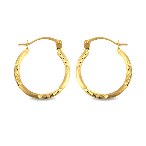 14K Yellow Gold Diamond Cut & Satin Finish Reversible Huggie Hoop