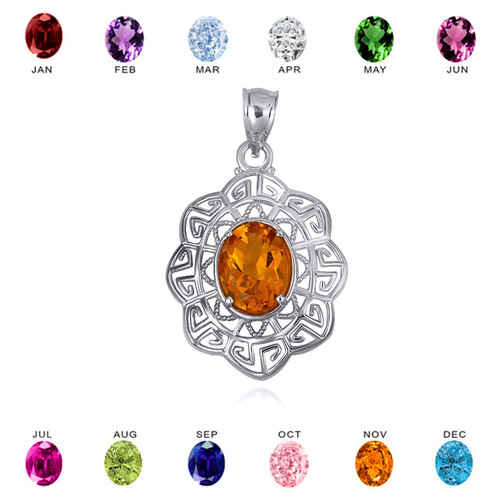 .925 Sterling Silver Oval Gemstone Greek Key Filigree Love Pendant