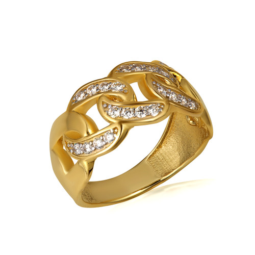 14K Yellow Gold CZ Studded Cuban Chain Link Statement Ring Factory
