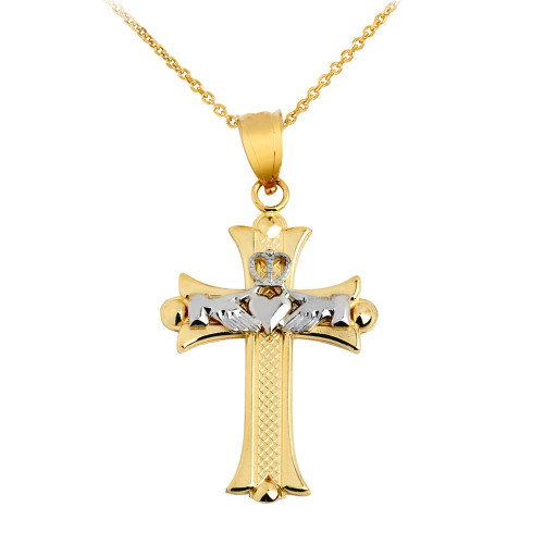 Claddagh Cross White and Yellow Gold Pendant