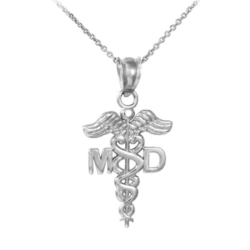 Silver Medical Doctor MD Caduceus Charm Pendant Necklace