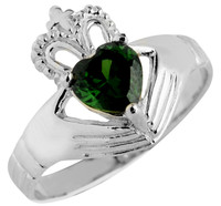 White Gold Claddagh Ladies Ring with Emerald.  Available in 14k and 10k.
