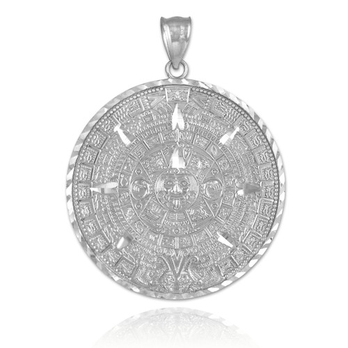 Silver Ancient Aztec Mayan Sun Calendar Diamond Cut Pendant