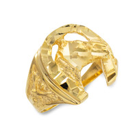 Gold Horse Head with Horseshoe Diamond Cut Ring(Available in Yellow/Rose/White Gold)